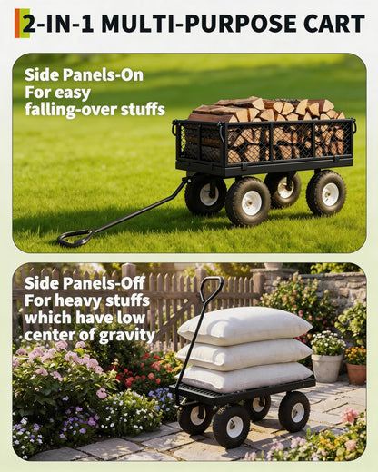 GarveeTech 1000LBS Heavy Duty Steel Garden Cart, Garden Wagon Cart on Wheels, Metal Yard Utility Wagon with Removable Mesh Sides, 13" All Terrain Tires, 180° Rotating Handle for Lawn, Garden, Farm