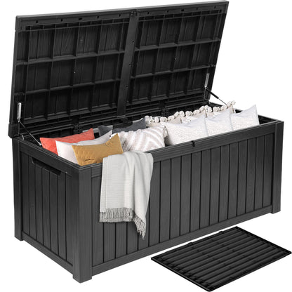DWVO 180 Gallon XL Deck Box with Divider & Lockable Lid, Waterproof Resin Outdoor Storage for Patio, Garden, Poolside, Cushions, Supplies & Sports Gear, Black