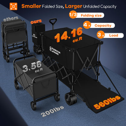 400L Double Decker Wagon Collapsible with 54" L Tailgate, 560lbs Heavy Duty Wagons Carts Foldable, Extra Large Folding Beach Wagon with Big All-Terrain Wheels for Camping, Sports, Groceries, Black