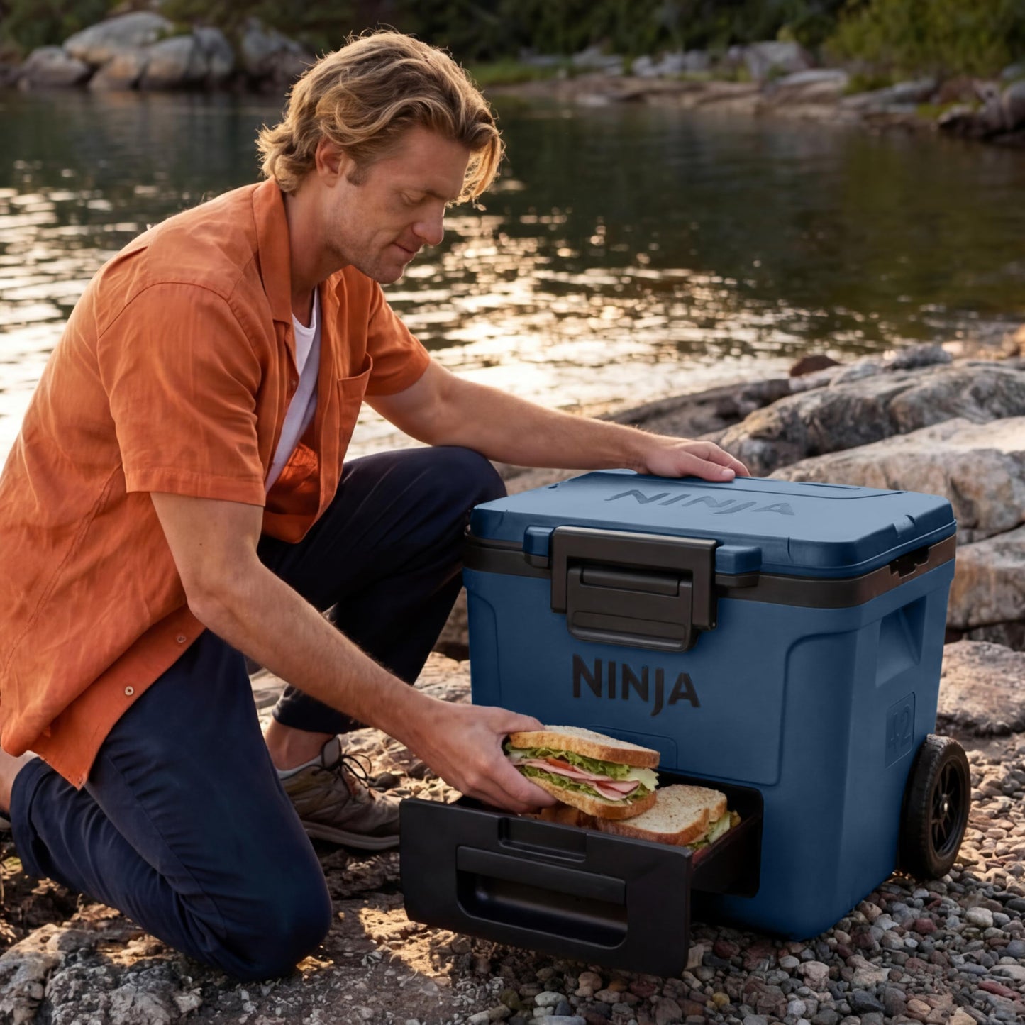 Ninja FrostVault 42qt Wheeled Cooler with Cold Dry Zone | Integrated Fridge-Temp Dry Storage Drawer | Premium Heavy-Duty Insulated Cooler | Keeps Ice Cold for Days | Lakeshore Blue | FB242BL
