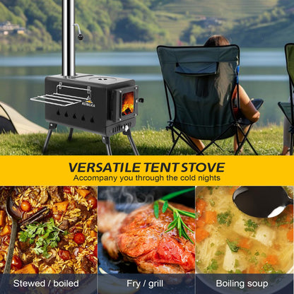 Black Wood Burning Tent Stove, 7 Section & 6 ft height Stainless Steel Chimney with diameter 2.24", Kungka Portable Hot Tent Stove for Heating & Cooking, Camping, Hunting, Ice Fishing
