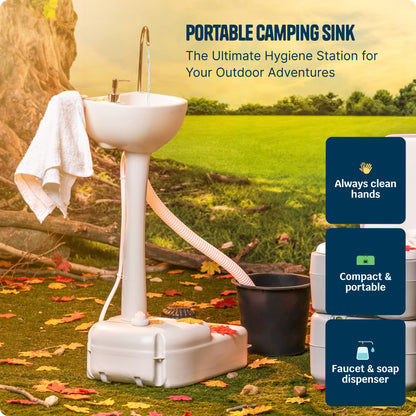 Alpcour Portable Camping Sink – Indoor/Outdoor Travel Hygiene Station with Basin, Running Faucet, Soap Dispenser, Towel Rack, Drain Hose, Hands-Free Foot Pump, Stakes & Carry Bag – 17L Water Capacity