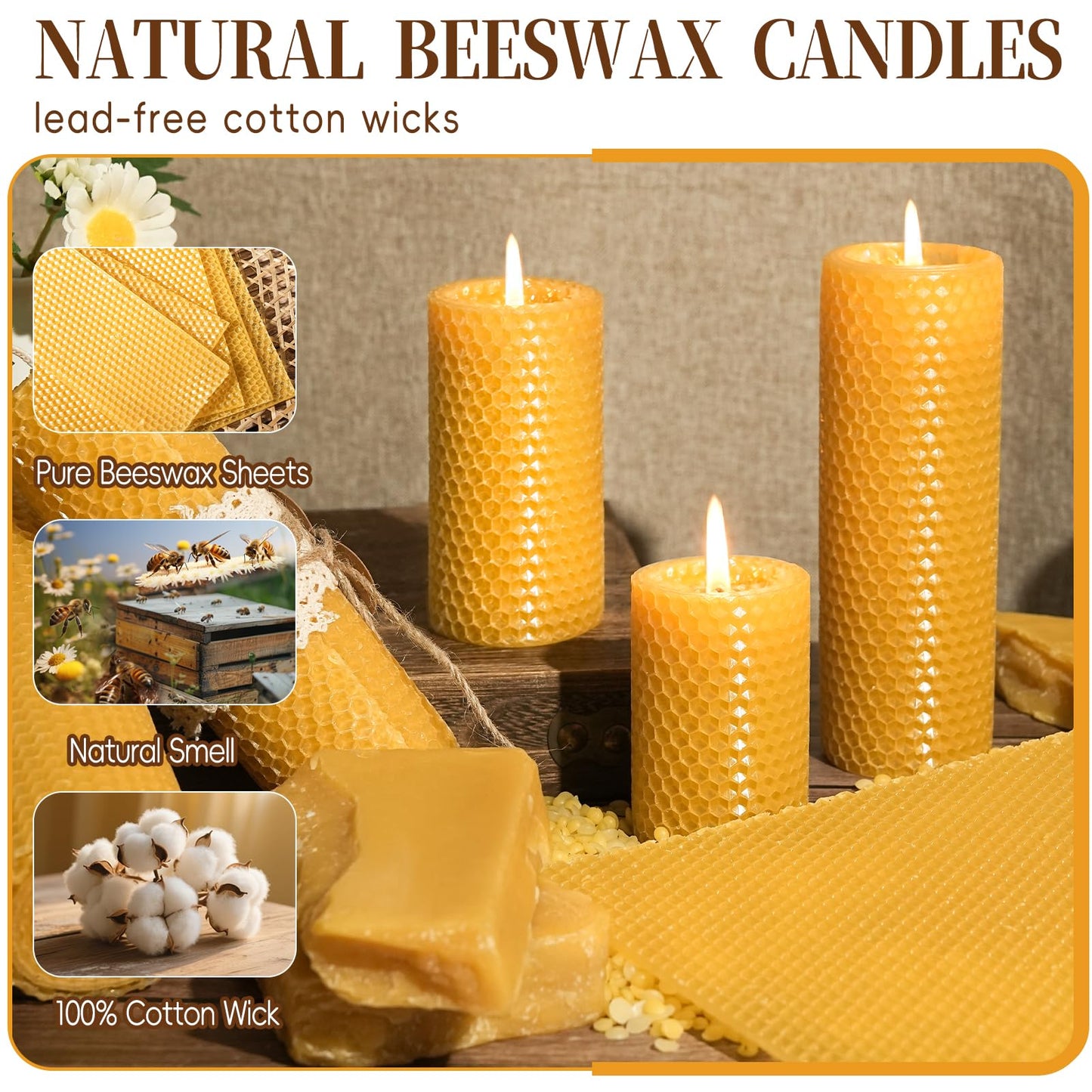 Pure Beeswax Pillar Candles,3 Pack Hand-Rolled Natural Beeswax Candles(1.77x3in,2x4in,2x6in) 60 Hours Burning Unscented Bees Wax Candle for Home,Smokeless&Dripless Pillar Candle for Meditation,Wedding