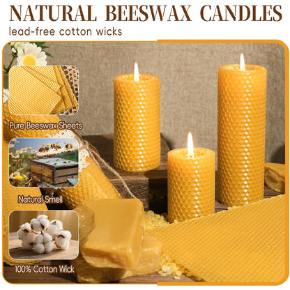 Pure Beeswax Pillar Candles,3 Pack Hand-Rolled Natural Beeswax Candles(1.77x3in,2x4in,2x6in) 60 Hours Burning Unscented Bees Wax Candle for Home,Smokeless&Dripless Pillar Candle for Meditation,Wedding