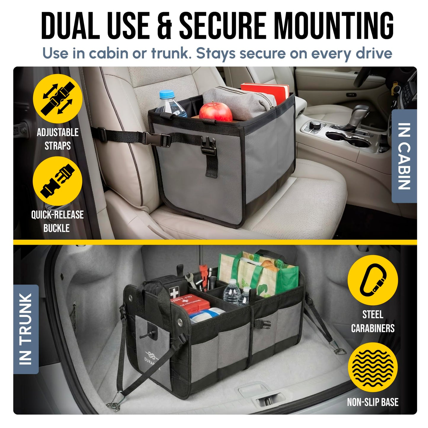 DURABLEZ Modular 5-Section Trunk Organizer XL – Car Storage for Groceries, Tools, Sports Gear, Emergency Kits – Extra Large Multi-Module Cargo Box, Foldable, Detachable, Heavy Duty Design – Gray