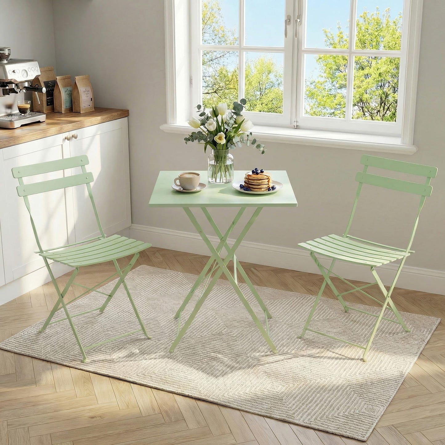Garvee 3-Piece Patio Bistro Set – Metal Frame Folding Patio Furniture, Outdoor/Indoor Bistro Table and Chairs Set, No Assembly Needed, for Balcony, Yard, Garden, Green