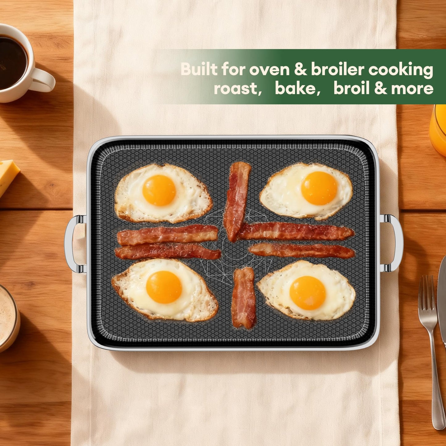 Cooker King 19 x 13 Inch Hybrid Honeycomb Stainless Steel Double Burner Griddle Pan, 3-Ply Nonstick Flat Top Grill Plate & Rectangular Roasting Pan, Metal Utensil Safe, Induction Ready, Oven-Safe