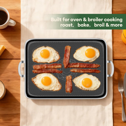 Cooker King 19 x 13 Inch Hybrid Honeycomb Stainless Steel Double Burner Griddle Pan, 3-Ply Nonstick Flat Top Grill Plate & Rectangular Roasting Pan, Metal Utensil Safe, Induction Ready, Oven-Safe