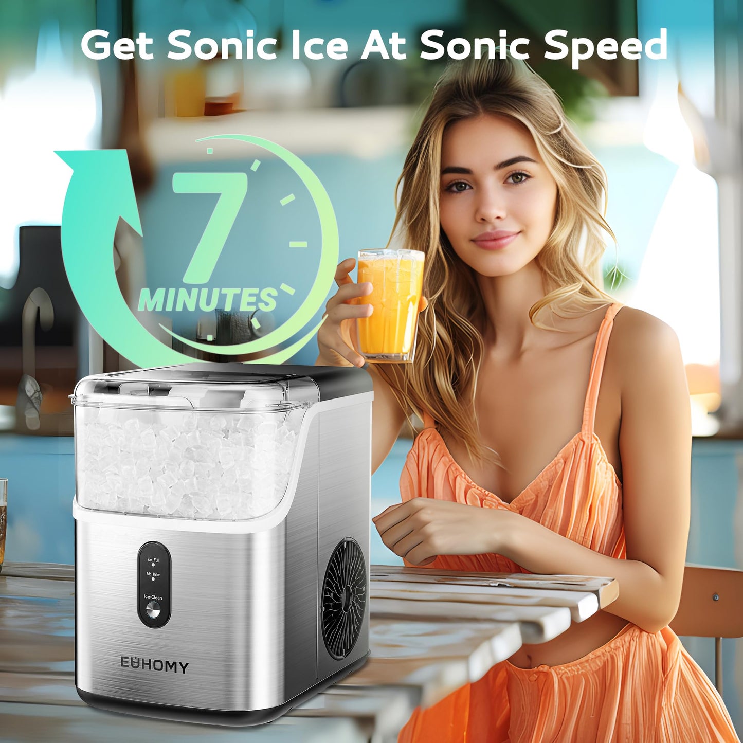 EUHOMY Nugget Ice Makers Countertop, Pebble Ice Maker Machine with 34lbs/24H Soft Ice, Self-Cleaning Sonic Ice Maker with Ice Scoop&Basket, Pellet Ice Maker for Home/Kitchen/Office(Stainless Steels)