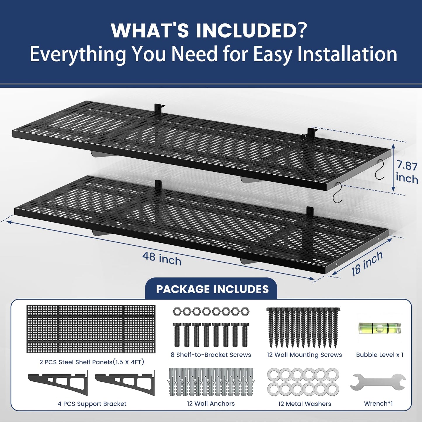 ZUCIRE 2-Pack Garage Wall Shelving, 1.5 x 4 FT Heavy Duty Wall Mounted Garage Storage Shelves, 500 lbs Capacity Metal Garage Rack with 8 Hooks, Hanging Storage Shelf for Tools, Bins and Equipment