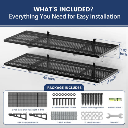 ZUCIRE 2-Pack Garage Wall Shelving, 1.5 x 4 FT Heavy Duty Wall Mounted Garage Storage Shelves, 500 lbs Capacity Metal Garage Rack with 8 Hooks, Hanging Storage Shelf for Tools, Bins and Equipment