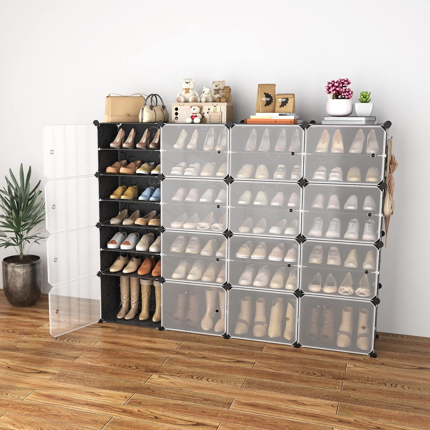 WEXCISE Portable Shoe Rack with Door, 64 Pairs Cabinet Easy Assembly, Plastic Adjustable Shoe Storage Organizer Stackable Detachable Free Standing DIY Expandable 8 Tier Black