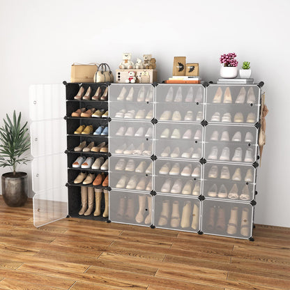 WEXCISE Portable Shoe Rack with Door, 64 Pairs Cabinet Easy Assembly, Plastic Adjustable Shoe Storage Organizer Stackable Detachable Free Standing DIY Expandable 8 Tier Black