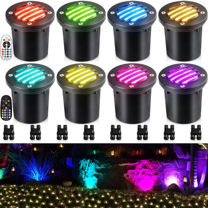 SUNVIE RGBW Well Lights - Landscape LED In Ground Lighting, 12-24V, Waterproof, Black, Model MDRG1208C, 8 Pack