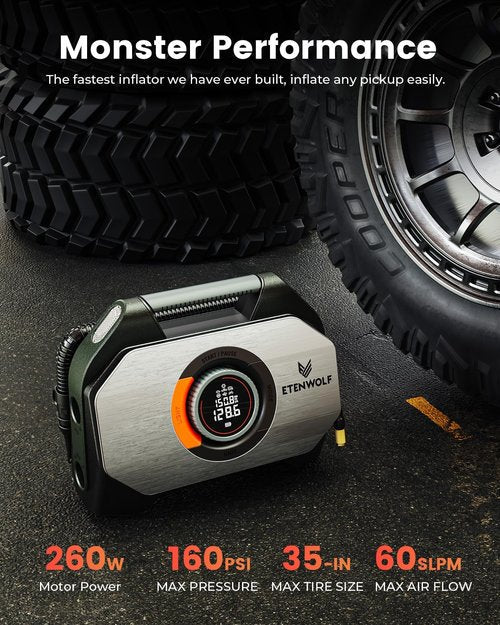 ETENWOLF Vortex S7 Tire Inflator - Portable Air Compressor for Heavy-Duty Vehicles | 160PSI, 38400mAh Battery, Dual Cylinder (Olive Green)