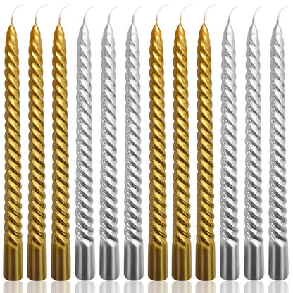 10 Inch Spiral Taper Candles Set for Christmas, 6 Gold and 6 Silver Unscented Twisted Candlesticks, Dripelss Thin Tapered Candles for Holiday Party Decoration