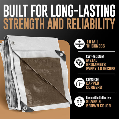 20x40 Tarp Heavy Duty, Large Tarp Waterproof - 10 Mil Extra Thick, UV Resistant, Grommets Every 18" - Outdoor Waterproof Plastic Poly Tarpaulin, Camping, Pool, House Roof Rain Cover (Silver/Brown)