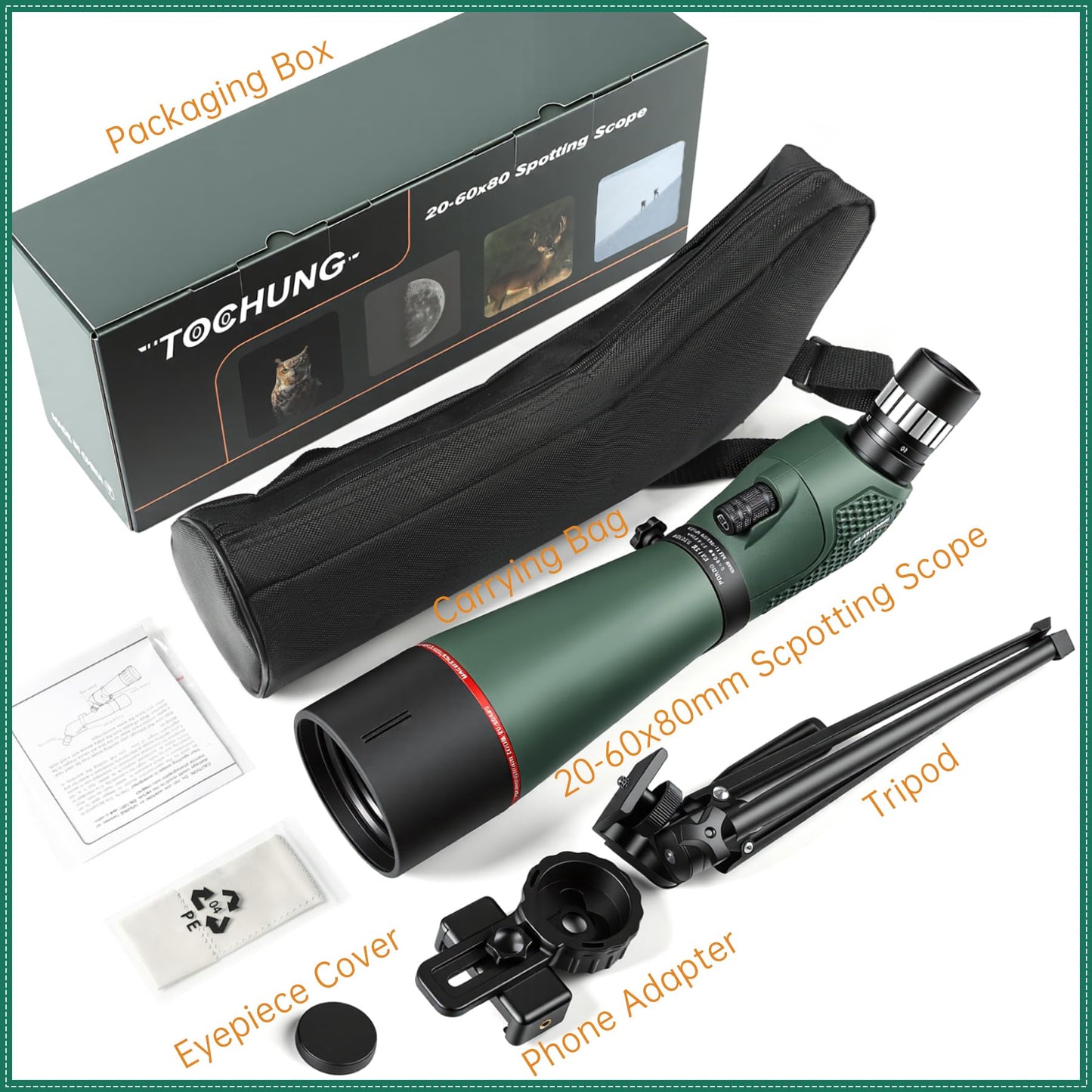 TOCHUNG 20-60x80 HD Spotting Scope | Waterproof & Fogproof High-Powered Telescope for Long-Distance Birdwatching, Target Shooting, Astronomy | Included Phone Adapter & Tripod & Carry Bag