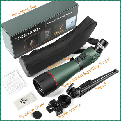 TOCHUNG 20-60x80 HD Spotting Scope | Waterproof & Fogproof High-Powered Telescope for Long-Distance Birdwatching, Target Shooting, Astronomy | Included Phone Adapter & Tripod & Carry Bag