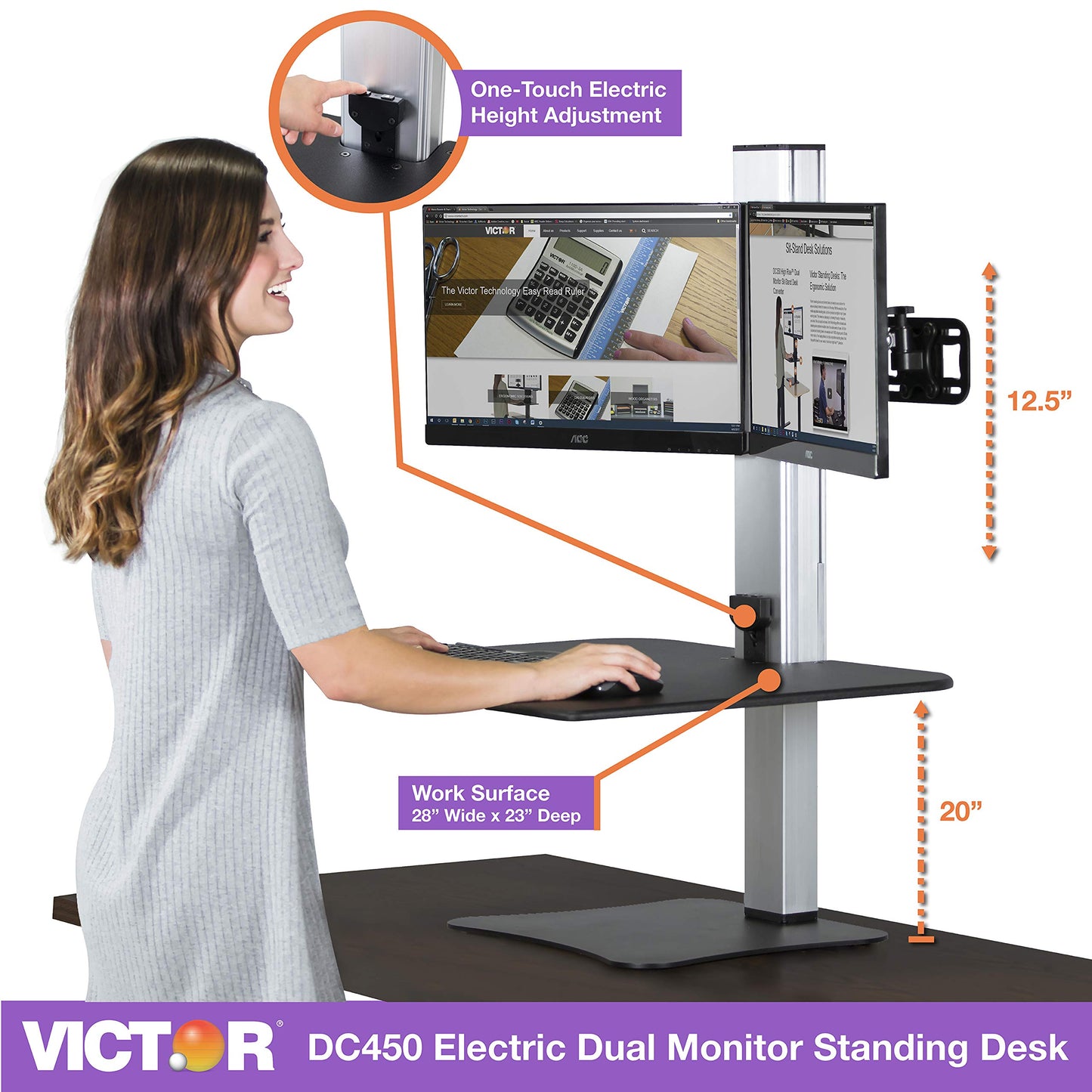 Victor Dual Monitor Electric Standing Desk Workstation, Height Adjustable Sit-Stand Converter with Dual Monitor Support, 28″ x 23″ Work Surface (DC450)