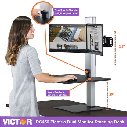 Victor Dual Monitor Electric Standing Desk Workstation, Height Adjustable Sit-Stand Converter with Dual Monitor Support, 28″ x 23″ Work Surface (DC450)