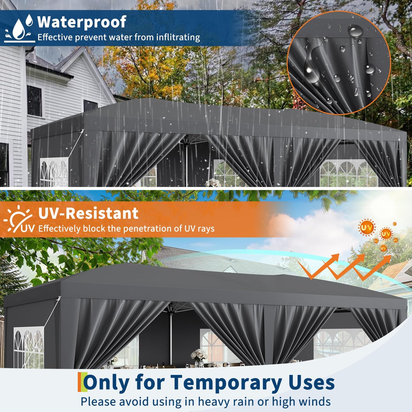 10x20 ft Pop Up Canopy Tent with 6 Removable Sidewalls, Easy Up Commercial Party Tent, 3 Adjustable Heights, Heavy Duty Waterproof Outdoor Canopy with Stakes & Ropes for Events, Wedding, Market