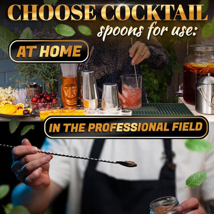 4 Pcs Bar Spoon Cocktail Mixing – Stirs Deep Glasses All the Way to the Bottom, Even Mixing & Easy Drink Layering – 12'' Long Balanced Stainless Steel Cocktail Stirrers for Drinks with Twisted Handle