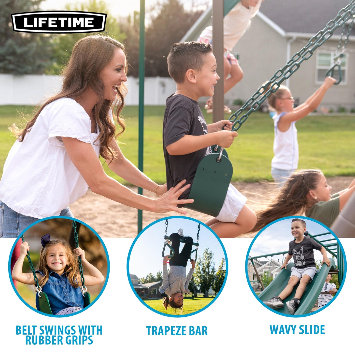 Lifetime Monkey Bar Adventure Swing Set, Outdoor Playset with Monkey Bars, 3 Swings, Trapeze Bar, Slide, Fireman’s Pole, UV‑Resistant Powder‑Coated Steel, Backyard Playground for Kids