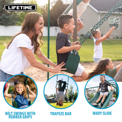 Lifetime Monkey Bar Adventure Swing Set, Outdoor Playset with Monkey Bars, 3 Swings, Trapeze Bar, Slide, Fireman’s Pole, UV‑Resistant Powder‑Coated Steel, Backyard Playground for Kids