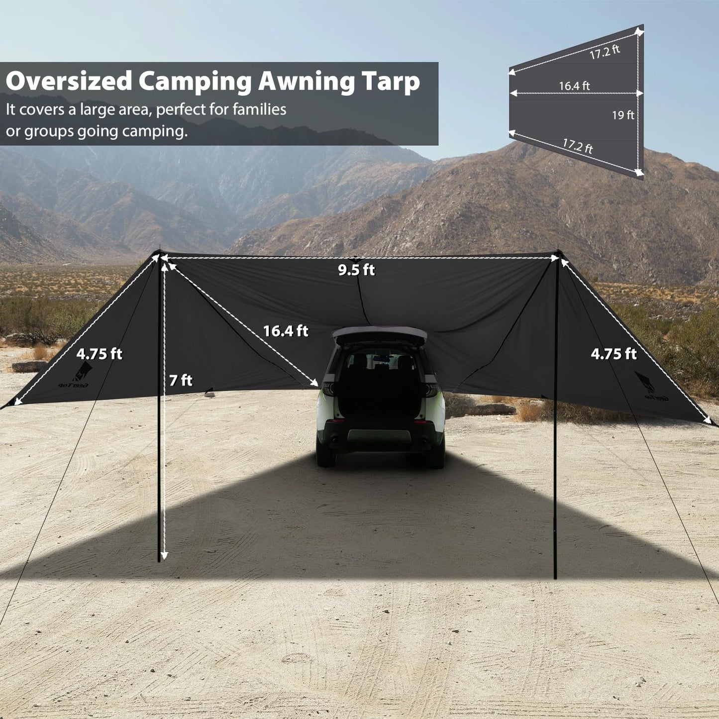 GEERTOP Large Camping Tarp Shelter SUV Tailgate Car Awning Canopy Waterproof Lightweight Outdoor Rear Vehicle Sun Shade for Van, MPV, Campers