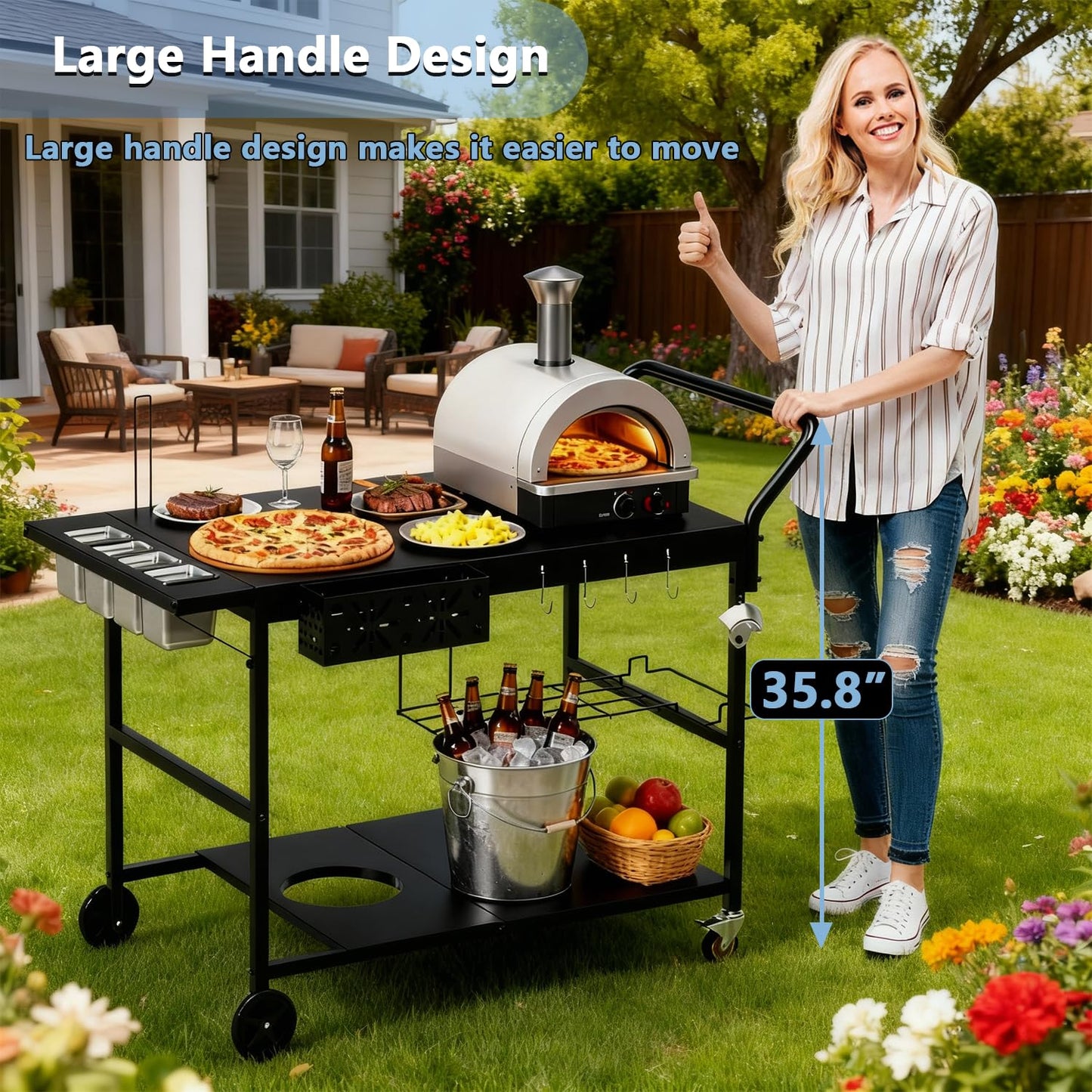 47" Outdoor Pizza Oven Table with Wheels, Pizza Oven Cart for Outside with Propane Tank Holder, Heavy Duty Pizza Oven Stand Prep Table for BBQ Patio Backyard Cooking