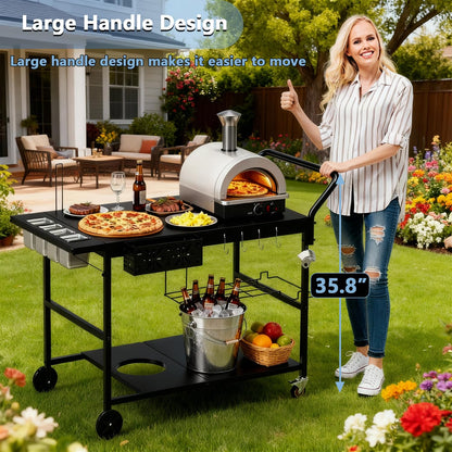 47" Outdoor Pizza Oven Table with Wheels, Pizza Oven Cart for Outside with Propane Tank Holder, Heavy Duty Pizza Oven Stand Prep Table for BBQ Patio Backyard Cooking