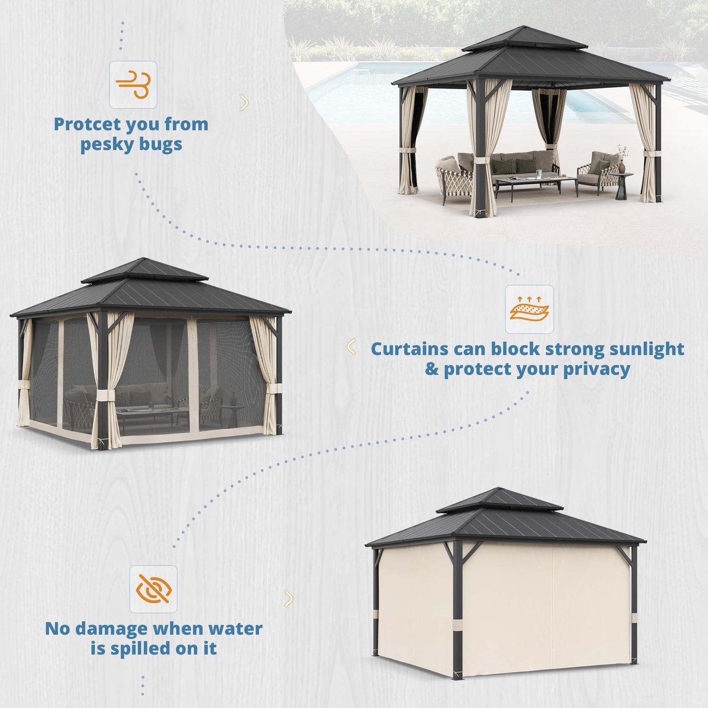 LUE BONA 12'x12' Gazebo Hardtop Gazebos, Double Galvanized Steel Roof and Aluminum Frame Permanent Pavilion with Dual Curtains, Outdoor Metal Roof Gazebo for Patio, Garden, Backyard, Black