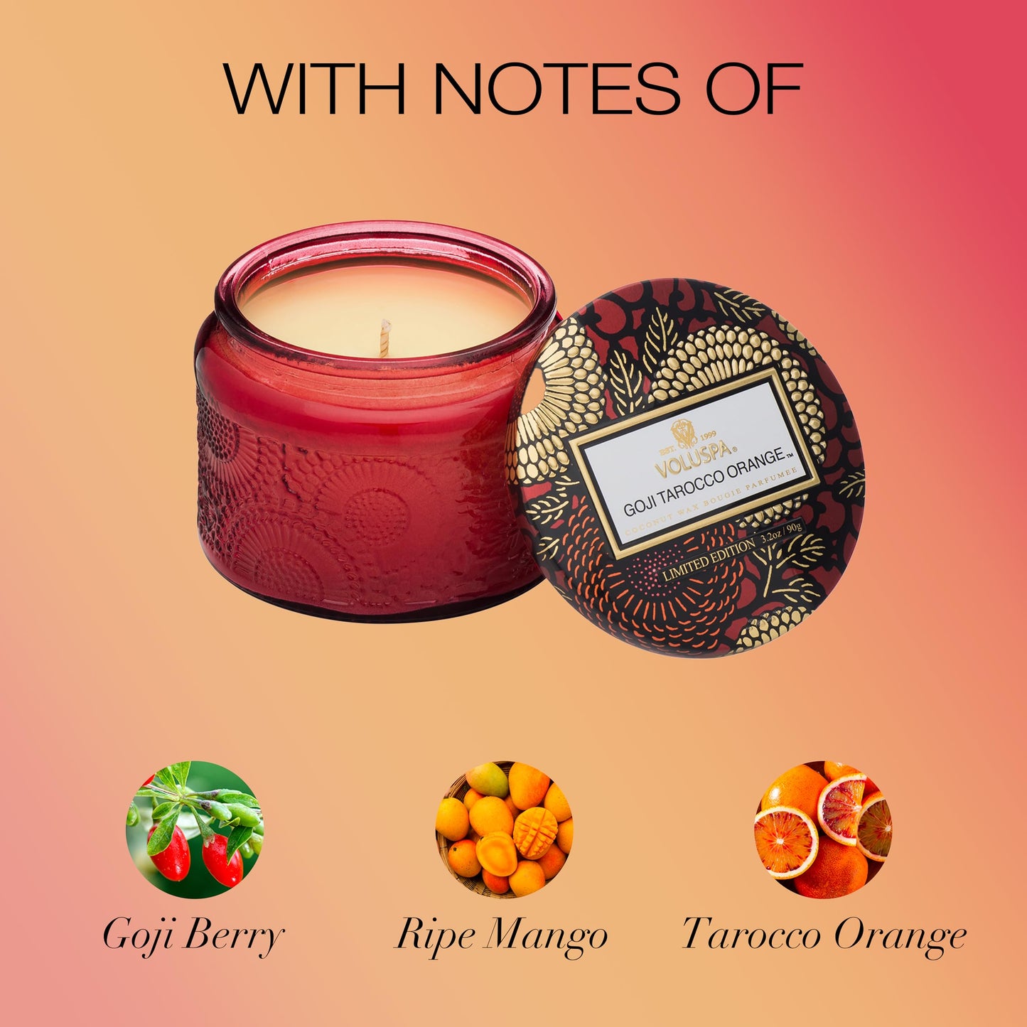 Voluspa Goji Tarocco Orange, Petite Candle Jar, 3.2 oz, 25 Hour Burn Time, Coconut Wax for Clean Burning, Handcrafted in the USA