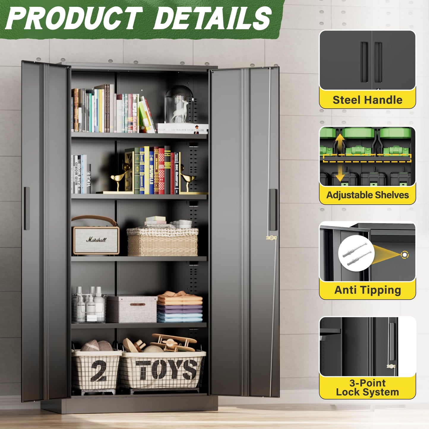 Greenvelly Metal Storage Cabinet, 72" Black Steel Garage Cabinet with Doors and Adjustable Shelves, Metal Cabinet with Lock,Garage Cabinets and Storage System for Garage,Home Office,School