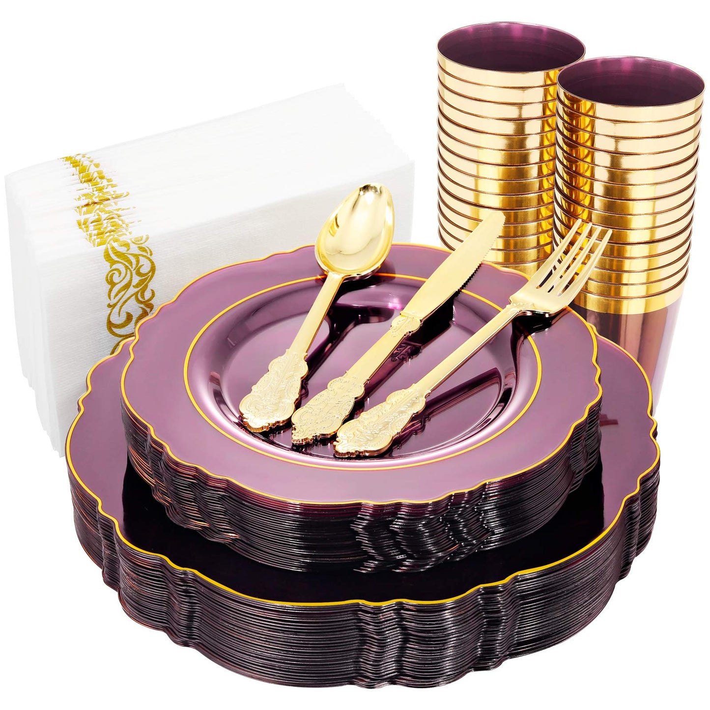 KIRE 210Pcs Purple Plastic Plates with Gold Rim& Silverware &Cups&Hand Napkin - Baroque Clear Plastic Dinnerware for Upscale Wedding/Parties Plates