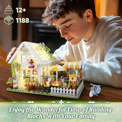 Flower House Building Block for Adults Garden Architecture Building Toy with LED Greenhouse Model Building Set Garden Glass House Building Kit Christmas &amp Ideal Gift for Kids 12+ (1188pcs)