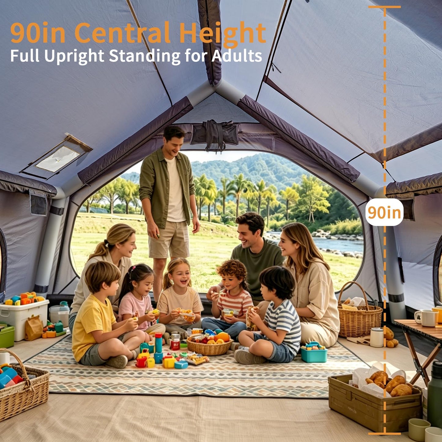 Inflatable Camping Tent with Skylight,Large Tall Blow Up Tent for 2/4/6/8 Person,4 Season Waterproof Hot Tent with Stove Jack, Family Camping Air Tent with Hand Pump,Grey
