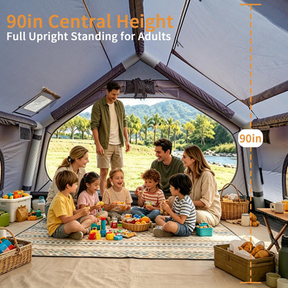 Inflatable Camping Tent with Skylight,Large Tall Blow Up Tent for 2/4/6/8 Person,4 Season Waterproof Hot Tent with Stove Jack, Family Camping Air Tent with Hand Pump,Grey