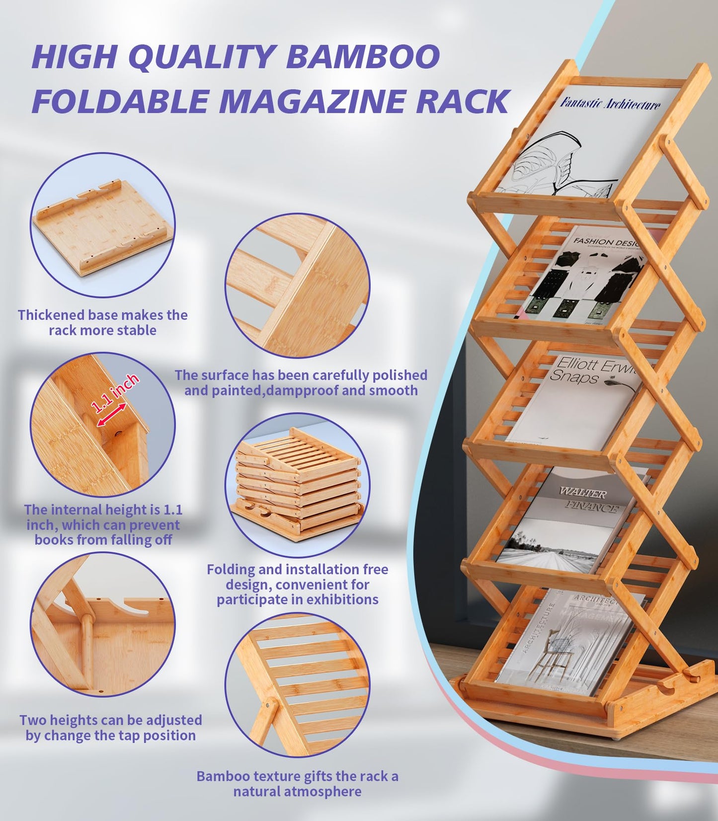 Foldable Bamboo Magazine Rack, Portable Pop-up Display Stand,Magazine Rack Floor 5 Pockets, A4 Size, for Trade Shows, Office, Retail Store
