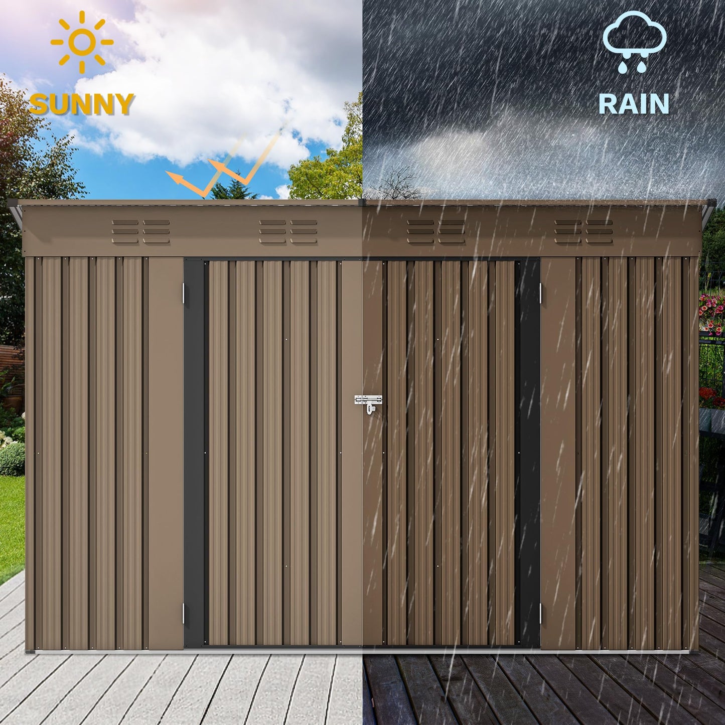 DWVO 9' x 4' Outdoor Storage Shed, Large Metal Tool Sheds, Heavy Duty Storage House with Lockable Doors & Air Vent for Backyard Patio Lawn to Store Bikes, Tools, Lawnmowers, Brown