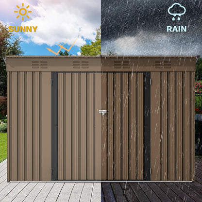 DWVO 9' x 4' Outdoor Storage Shed, Large Metal Tool Sheds, Heavy Duty Storage House with Lockable Doors & Air Vent for Backyard Patio Lawn to Store Bikes, Tools, Lawnmowers, Brown