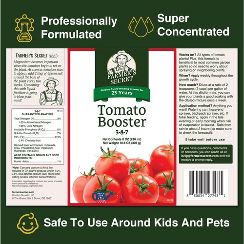 Farmer's Secret Tomato Booster Fertilizer - Super Concentrated 32oz | 3:8:7 Ratio with Humic Acid, Iron & Calcium