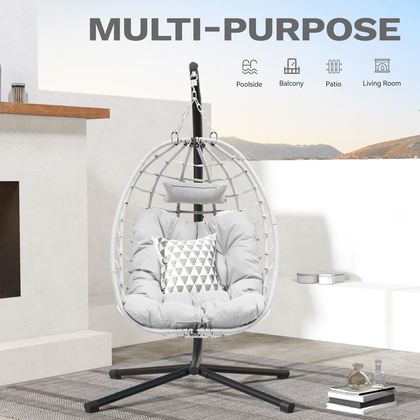 DWVO Egg Hanging Swing Chair with Stand Egg Chair Wicker Indoor Outdoor Hammock Egg Chair with Cushions 330lbs for Patio, Bedroom, Garden and Balcony, Light Gray