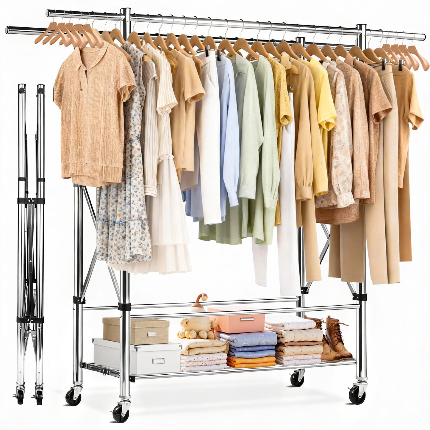 Nakyma Heavy Duty Clothes Rack Load 650 LBS, Double Rod Clothing Racks for Hanging Clothes, Foldable Garment Rack with Lockable Wheels, Portable Rolling Clothing Rack for Bedroom Laundry Living Room