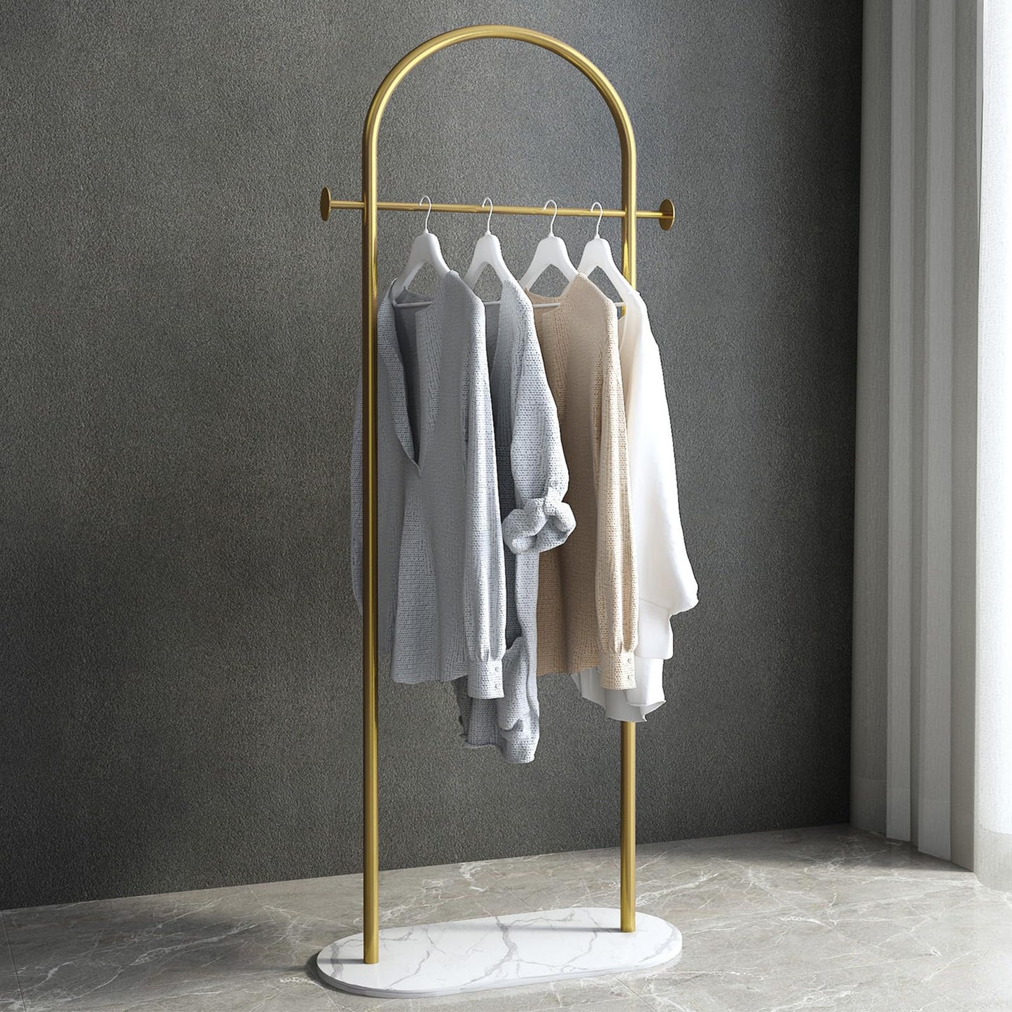 BUZUEY Freestanding Clothing Rack with Marble Base,Modern Gold Arch Garment Rack for Small Spaces,Sturdy Metal Coat Rack,Clothes Racks for Hanging Clothes in Bedroom,Closet,Entryway,Boutique Display
