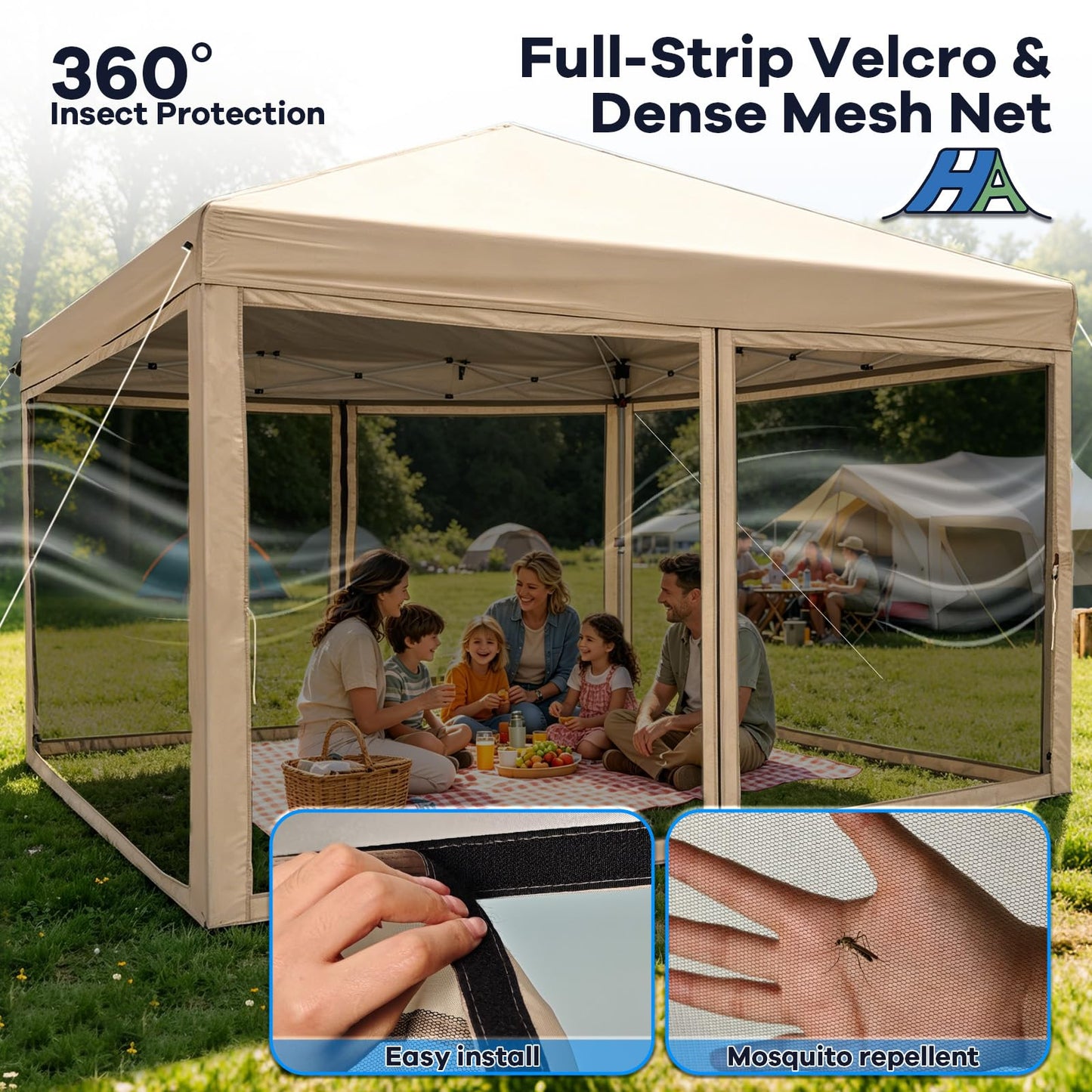 HAVZENO 10x10 Pop Up Canopy Tent with Mosquito Netting, Portable Waterproof Instant Outdoor Screen Shelter, Pop Up Tent for Patio, Backyard, Parties, Camping and Events, Beige