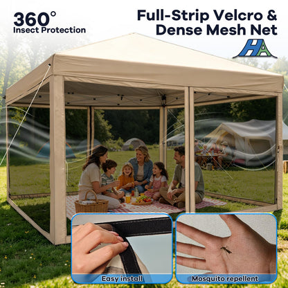 HAVZENO 10x10 Pop Up Canopy Tent with Mosquito Netting, Portable Waterproof Instant Outdoor Screen Shelter, Pop Up Tent for Patio, Backyard, Parties, Camping and Events, Beige