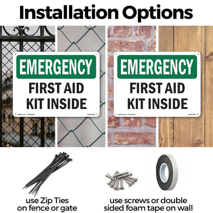 First Aid Kit Inside OSHA Emergency Aluminum Sign 18 Inch x 12 Inch - 5 Pack