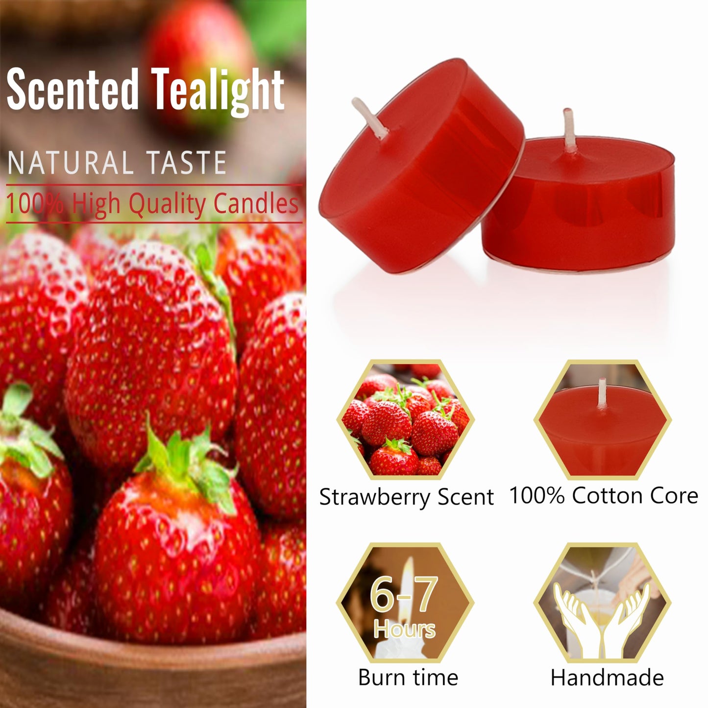 Tea Lights Red Tea Candles Set of 24 – Tealight Candles with Strawberry Scent, Long Burning Handmade Tealights for Wedding Meditation Home Decor Gift